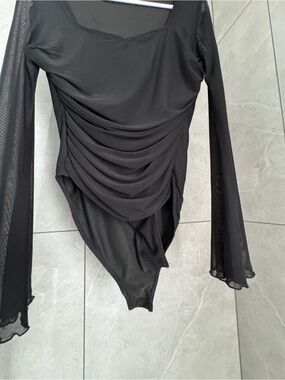 Cider Black Ruched Bodysuit with sheer long sleeves